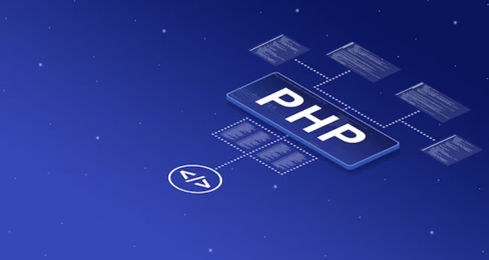 PHP letters with connected code lines in a blue starry background
