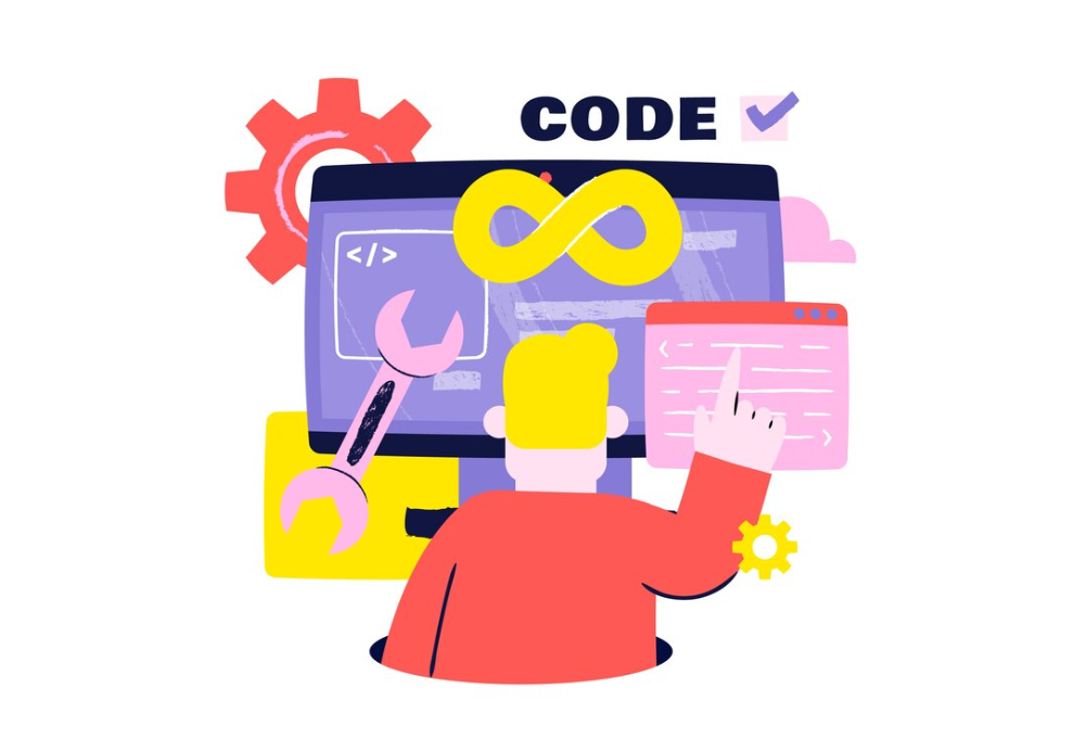 Illustration of a person working on coding and website maintenance