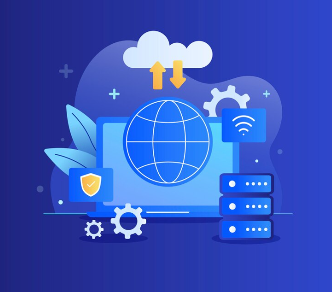 A graphic of cloud computing with world icon and tech elements