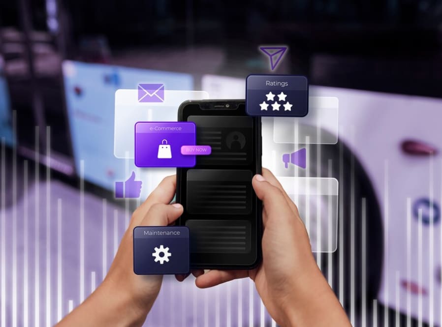 A hand holding a smartphone with augmented reality icons for e-commerce and ratings